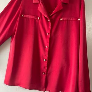 Anne Klein Red Notched Collar Long Sleeve Blouse
